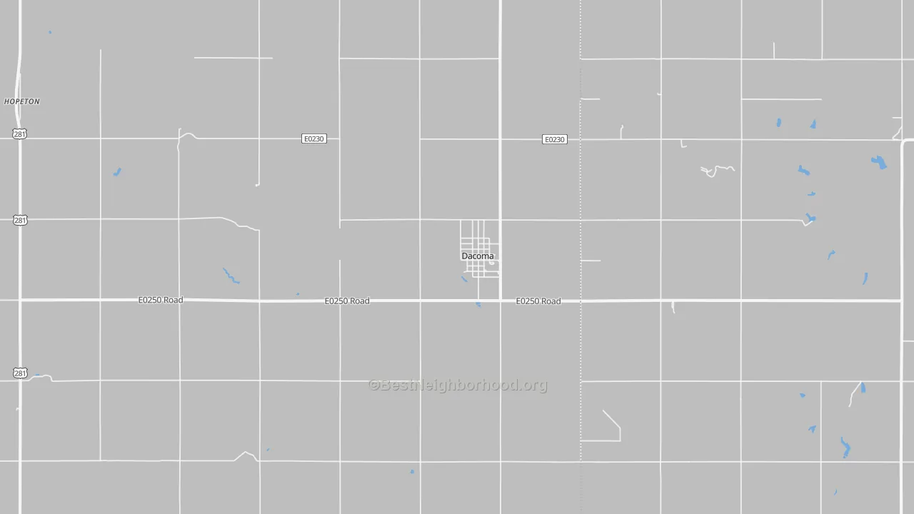 Walk Grade map of Dacoma, OK, walkable areas in green and car-dependent areas in red