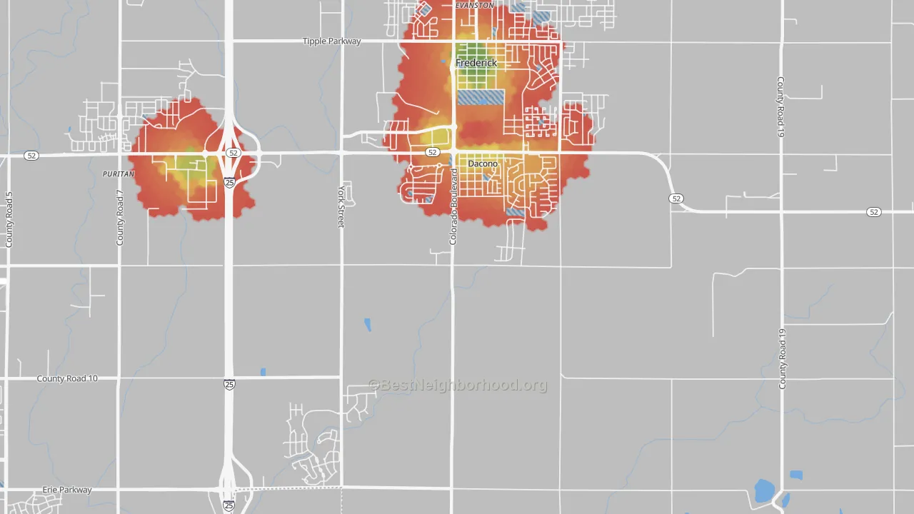 Walk Grade map of Dacono, CO, walkable areas in green and car-dependent areas in red