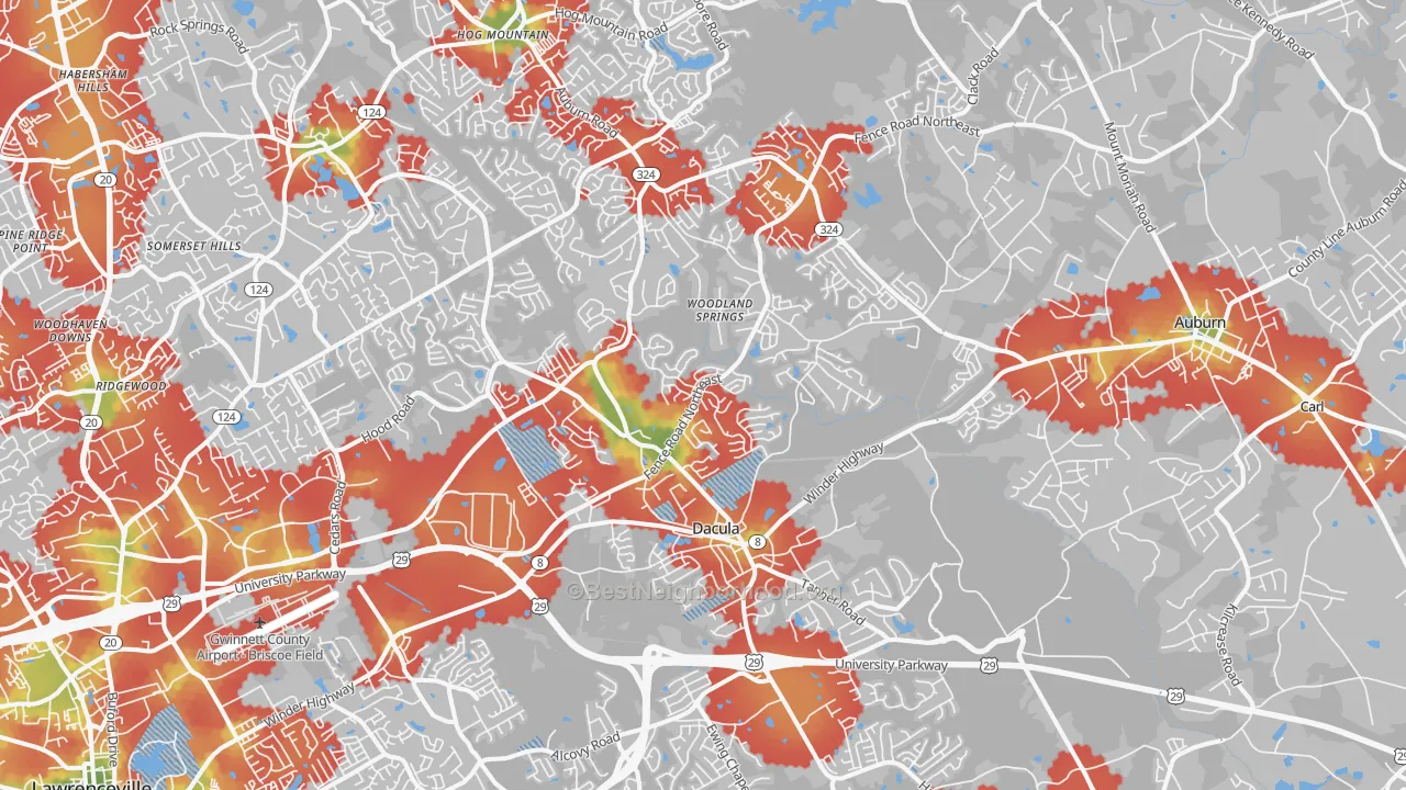 Walk Grade map of Dacula, GA, walkable areas in green and car-dependent areas in red