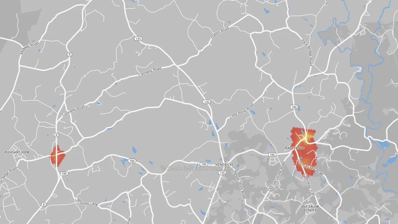Walk Grade map of Dacusville, SC, walkable areas in green and car-dependent areas in red