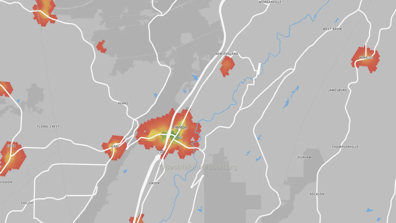 Walk Grade map of Dade County, GA, walkable areas in green and car-dependent areas in red