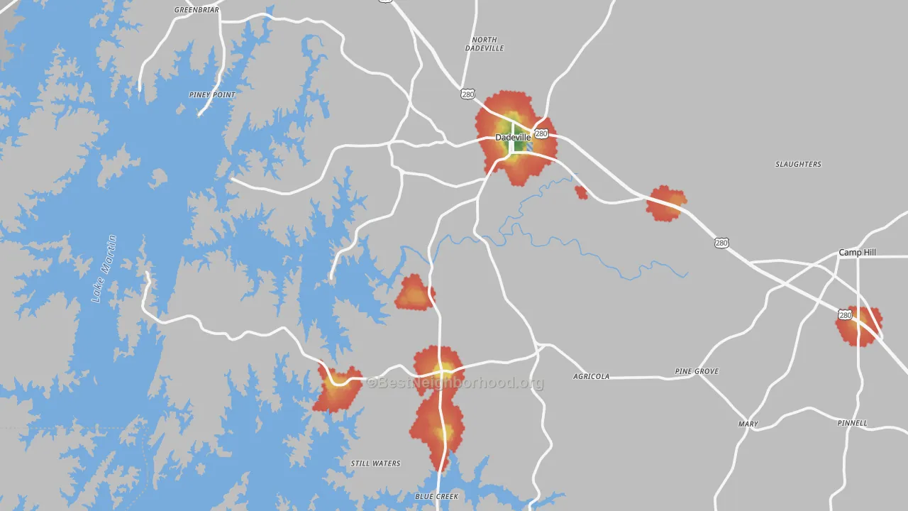 Walk Grade map of Dadeville, AL, walkable areas in green and car-dependent areas in red