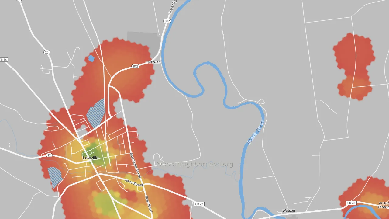 Walk Grade map of Dadville, NY, walkable areas in green and car-dependent areas in red