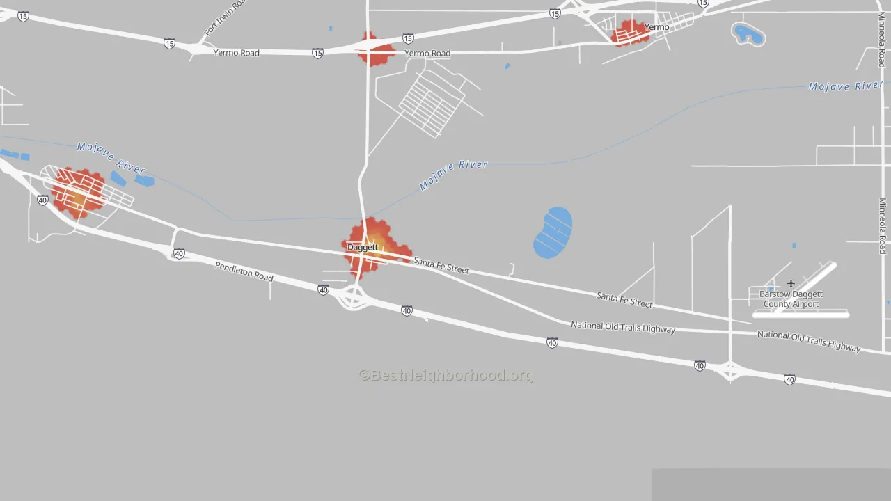 Walk Grade map of Daggett, CA, walkable areas in green and car-dependent areas in red