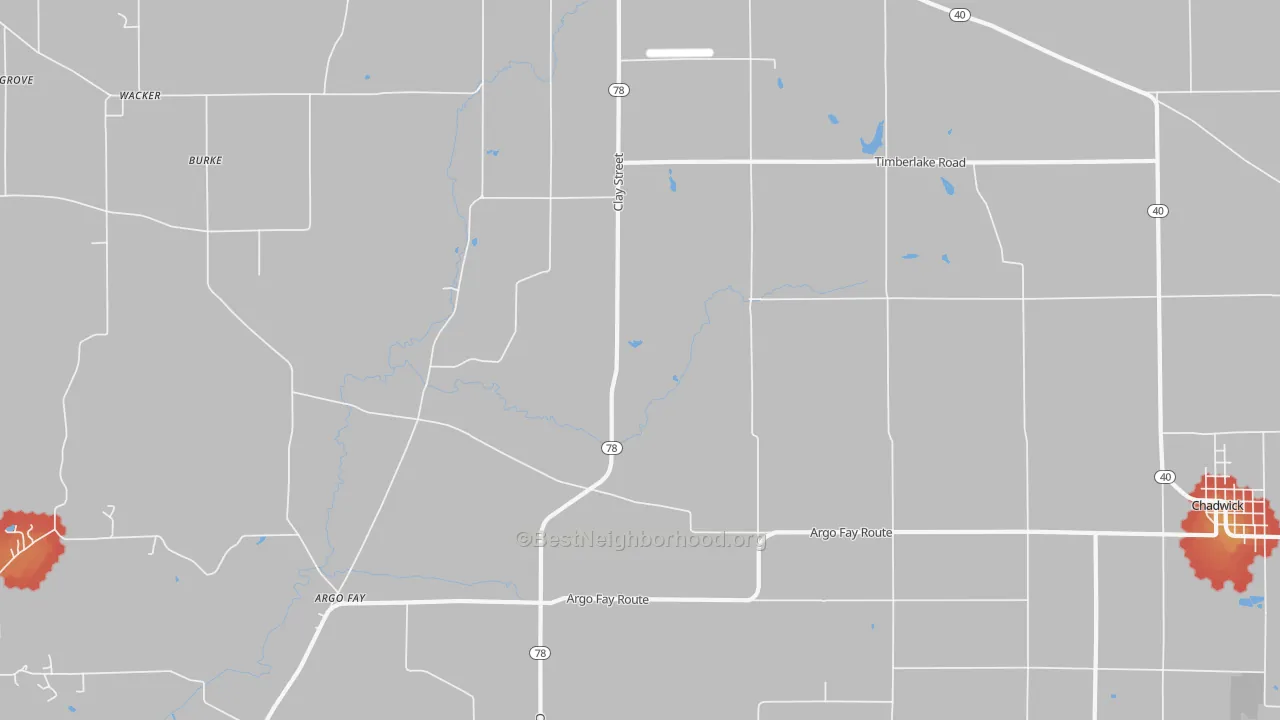 Walk Grade map of Daggett, IL, walkable areas in green and car-dependent areas in red