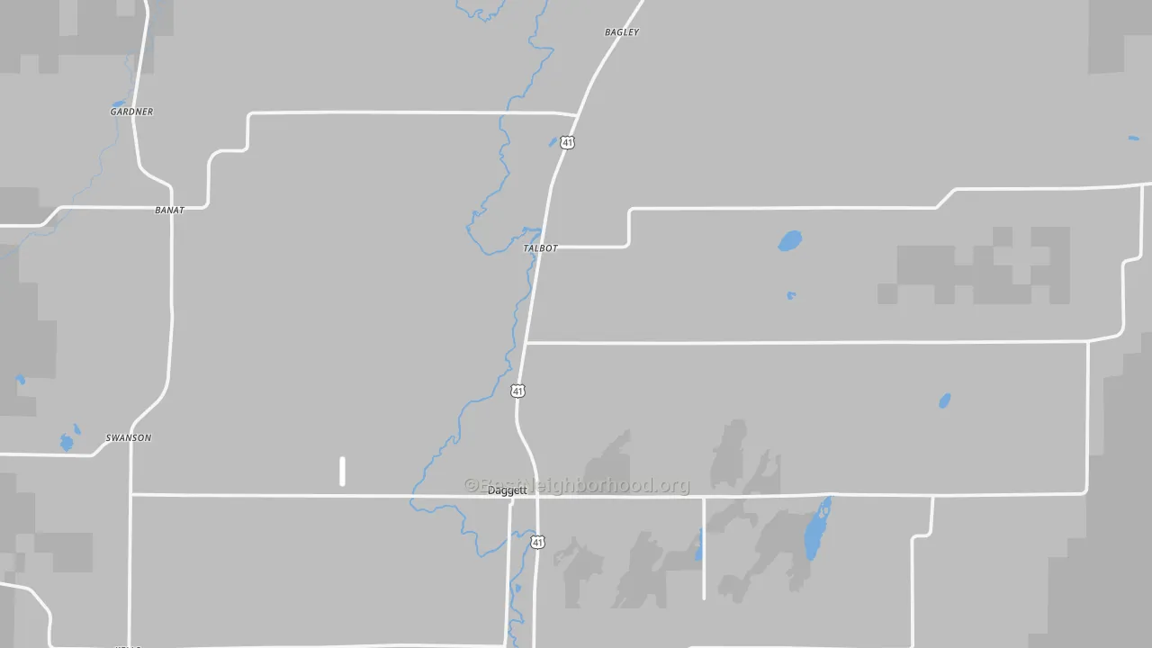Walk Grade map of Daggett, MI, walkable areas in green and car-dependent areas in red