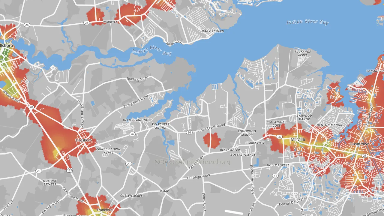 Walk Grade map of Dagsboro, DE, walkable areas in green and car-dependent areas in red