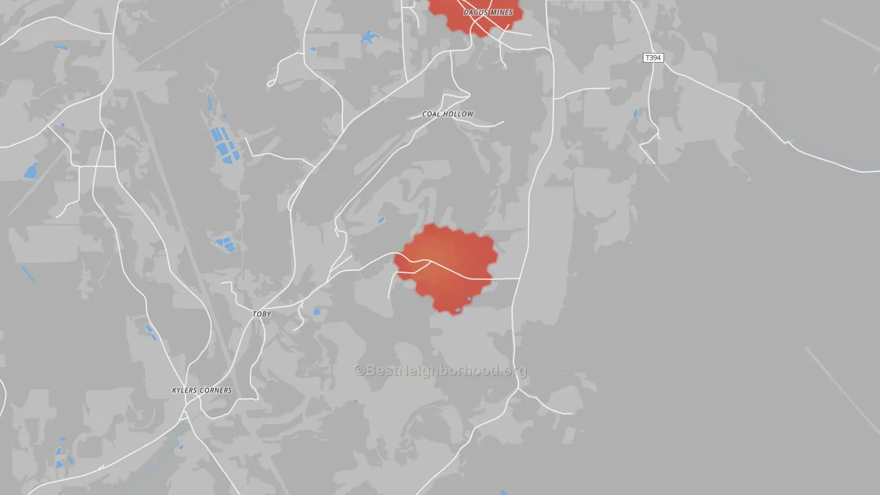 Walk Grade map of Dagus Mines, PA, walkable areas in green and car-dependent areas in red
