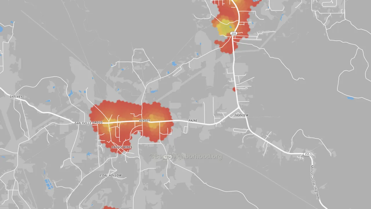 Walk Grade map of Dagus, PA, walkable areas in green and car-dependent areas in red