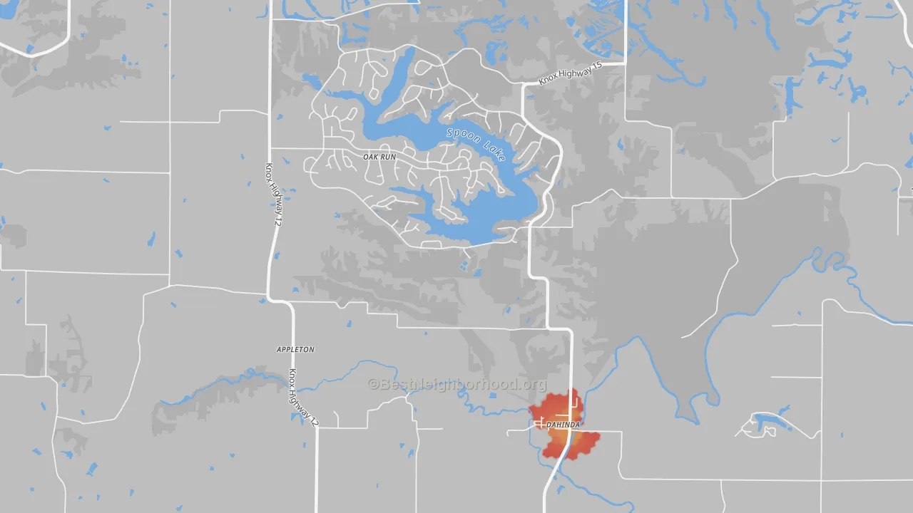 Walk Grade map of Dahinda, IL, walkable areas in green and car-dependent areas in red