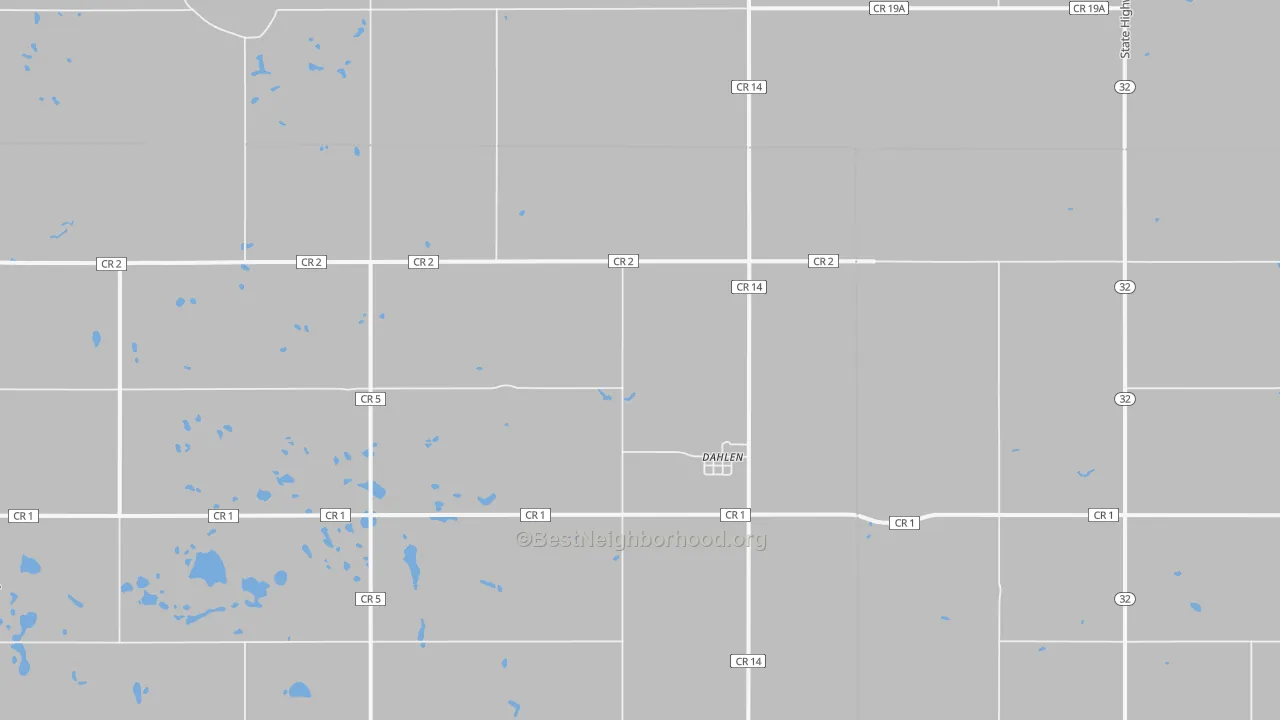 Walk Grade map of Dahlen, ND, walkable areas in green and car-dependent areas in red