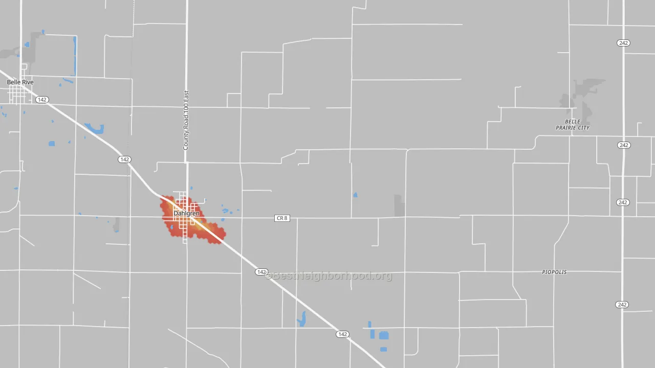 Walk Grade map of Dahlgren, IL, walkable areas in green and car-dependent areas in red