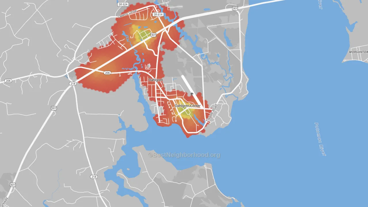 Walk Grade map of Dahlgren, VA, walkable areas in green and car-dependent areas in red