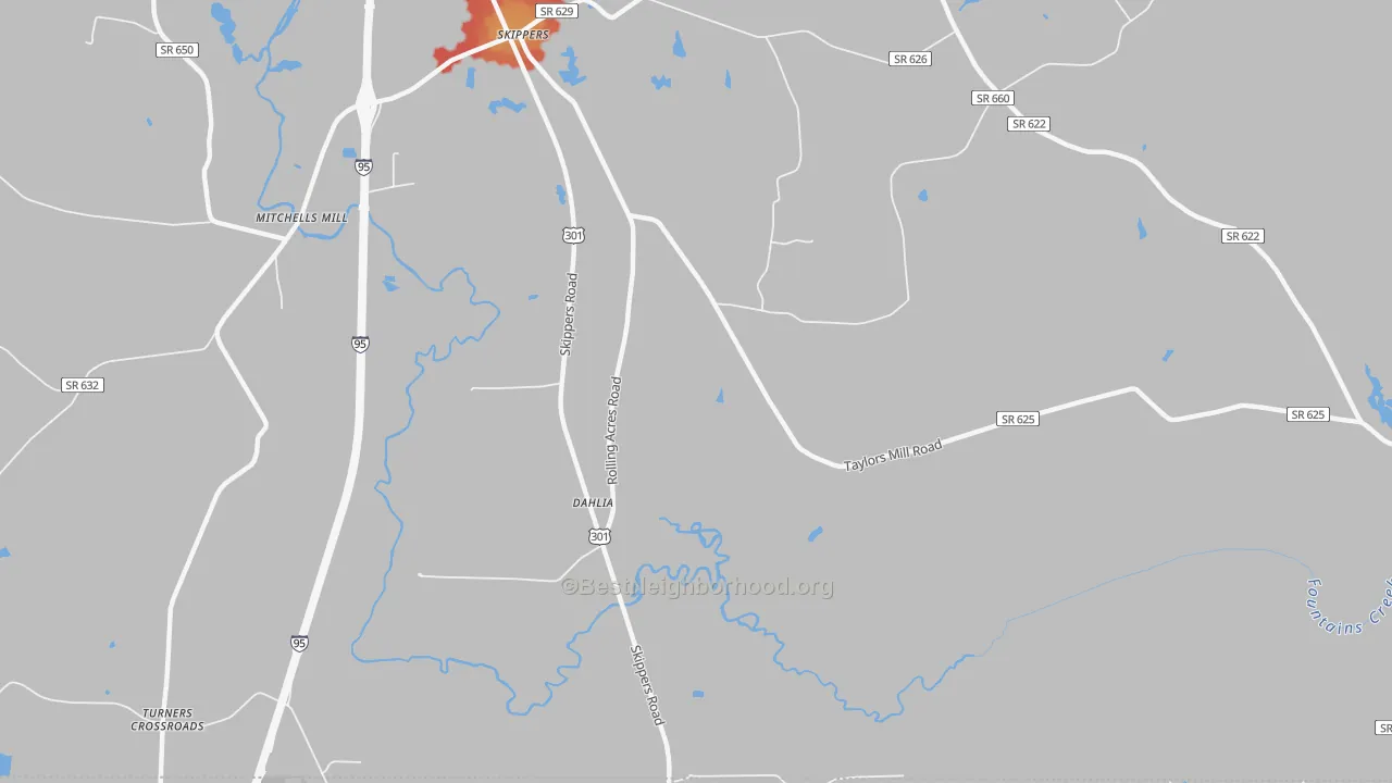 Walk Grade map of Dahlia, VA, walkable areas in green and car-dependent areas in red