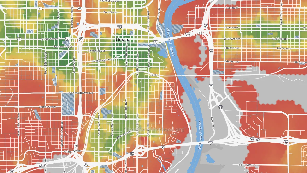 Walk Grade map of Dahlman, Omaha, NE, walkable areas in green and car-dependent areas in red