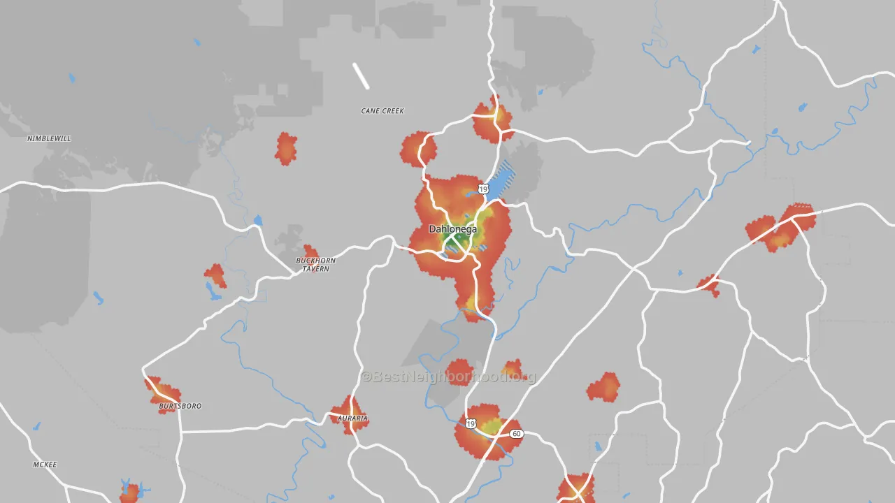 Walk Grade map of Dahlonega, GA, walkable areas in green and car-dependent areas in red