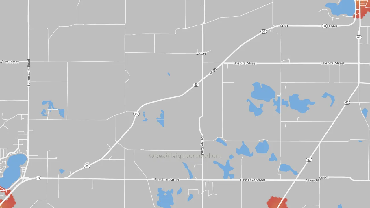 Walk Grade map of Dailey, MI, walkable areas in green and car-dependent areas in red