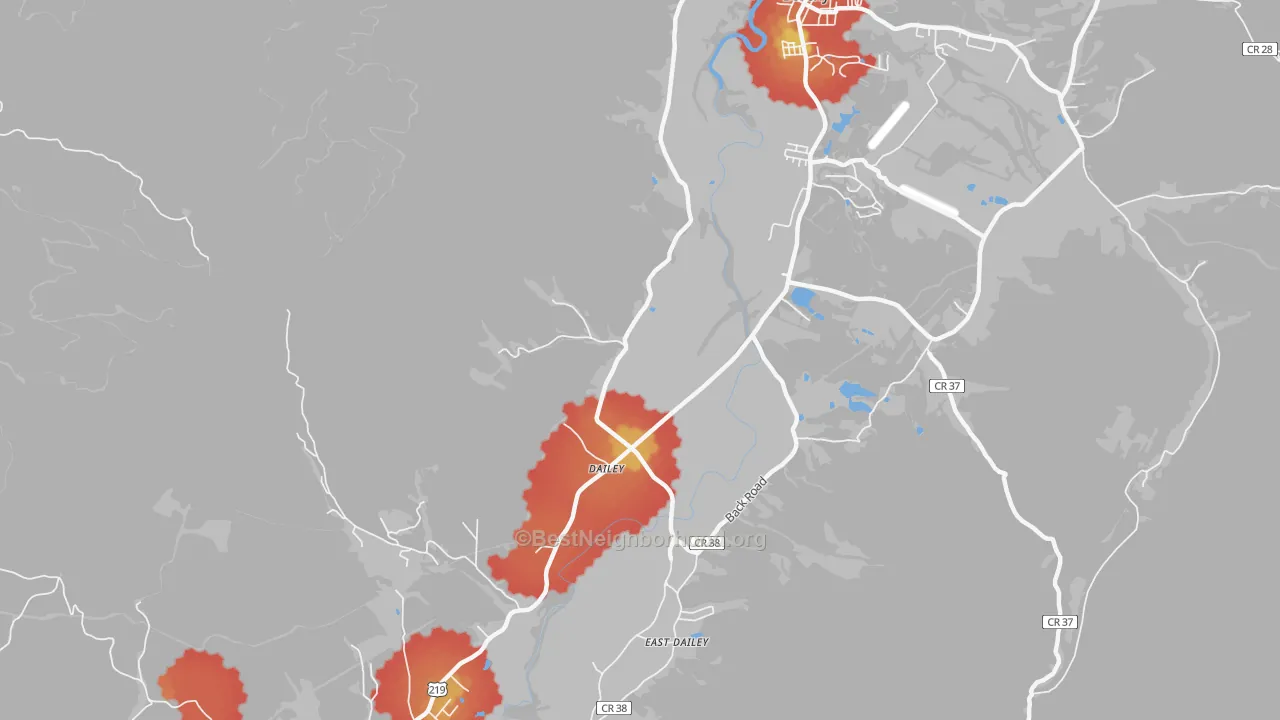 Walk Grade map of Dailey, WV, walkable areas in green and car-dependent areas in red