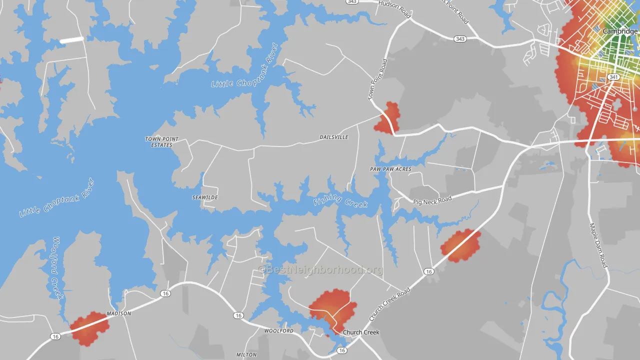 Walk Grade map of Dailsville, MD, walkable areas in green and car-dependent areas in red