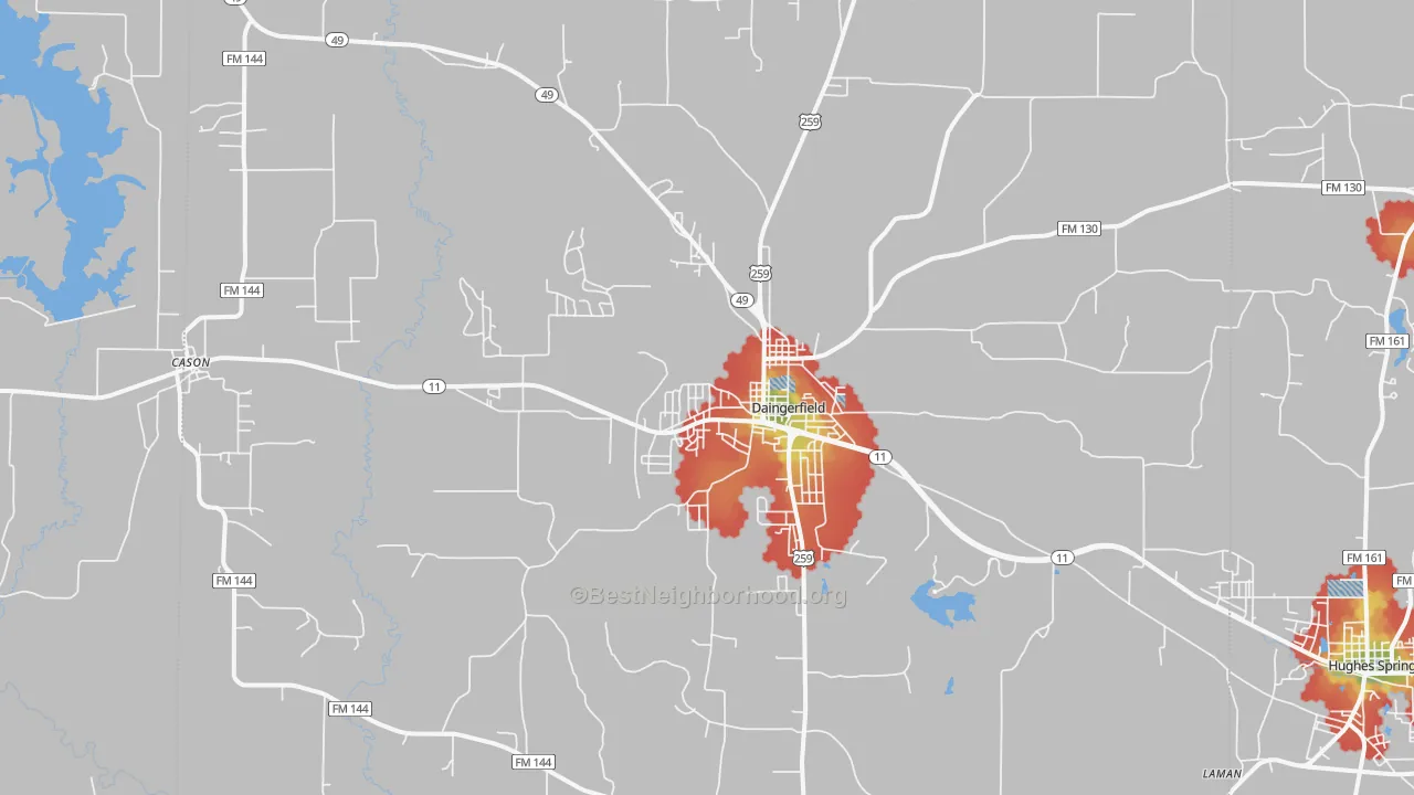 Walk Grade map of Daingerfield, TX, walkable areas in green and car-dependent areas in red