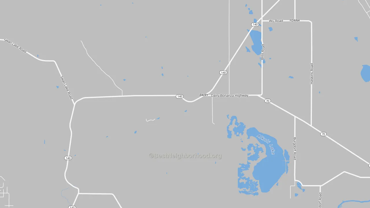 Walk Grade map of Dairy, OR, walkable areas in green and car-dependent areas in red