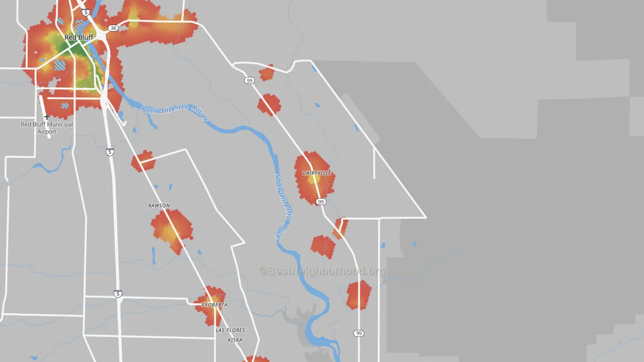 Walk Grade map of Dairyville, CA, walkable areas in green and car-dependent areas in red