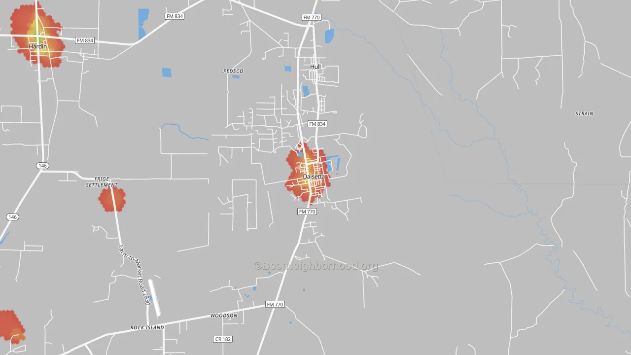 Walk Grade map of Daisetta, TX, walkable areas in green and car-dependent areas in red