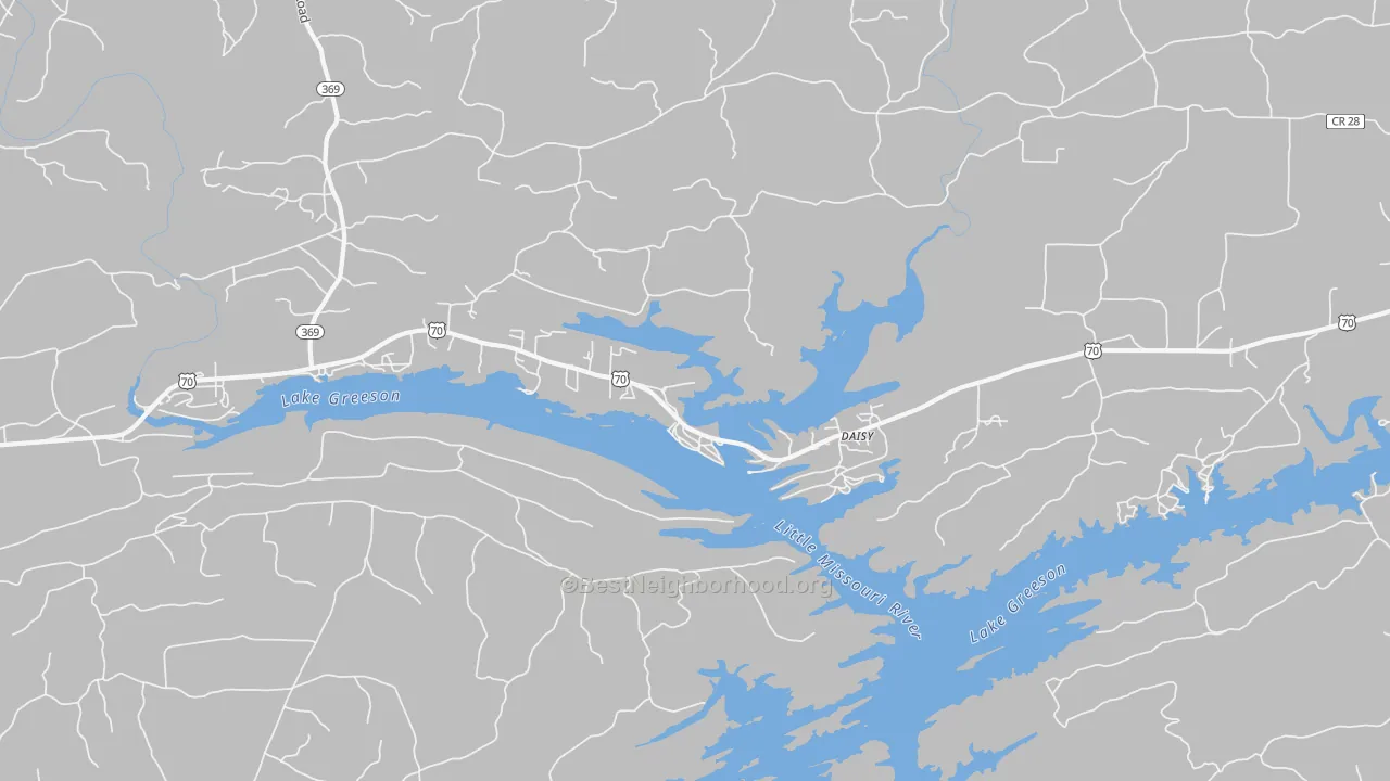 Walk Grade map of Daisy, AR, walkable areas in green and car-dependent areas in red