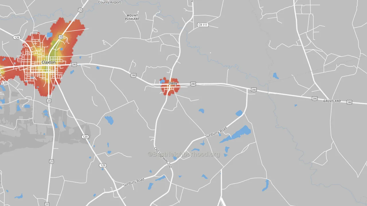 Walk Grade map of Daisy, GA, walkable areas in green and car-dependent areas in red