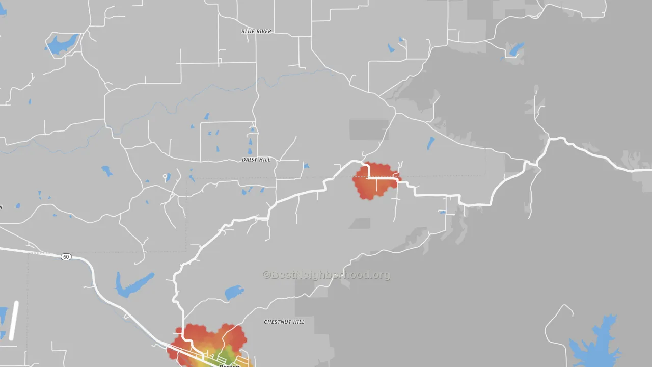 Walk Grade map of Daisy Hill, IN, walkable areas in green and car-dependent areas in red
