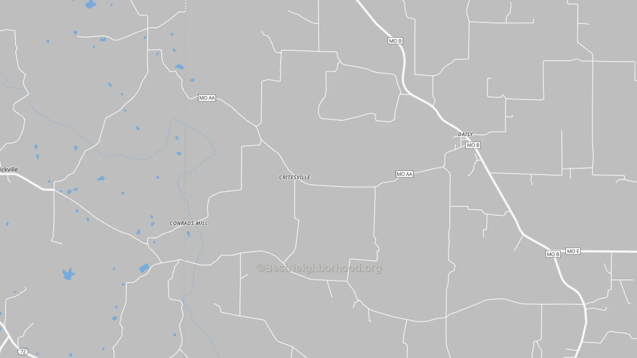 Walk Grade map of Daisy, MO, walkable areas in green and car-dependent areas in red