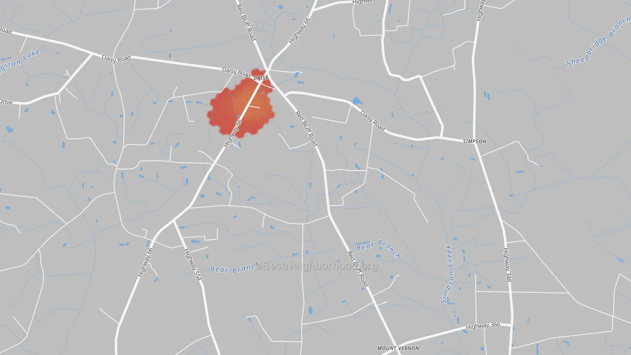 Walk Grade map of Daisy, SC, walkable areas in green and car-dependent areas in red