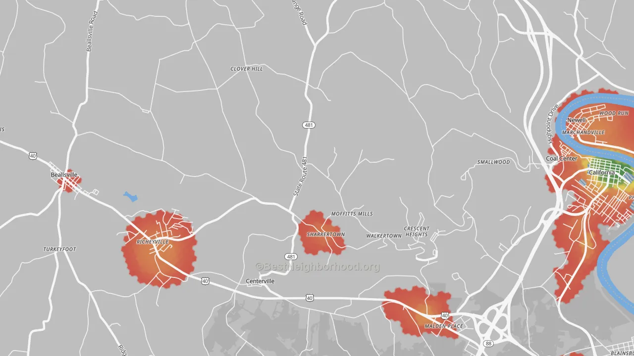 Walk Grade map of Daisytown, PA, walkable areas in green and car-dependent areas in red