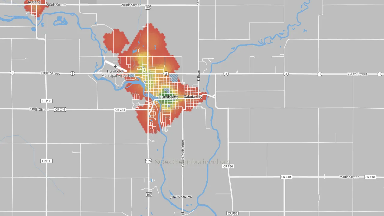 Walk Grade map of Dakota City, IA, walkable areas in green and car-dependent areas in red
