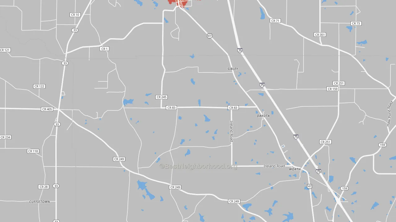 Walk Grade map of Dakota, GA, walkable areas in green and car-dependent areas in red