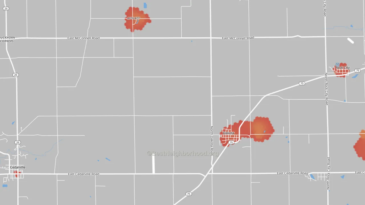 Walk Grade map of Dakota, IL, walkable areas in green and car-dependent areas in red