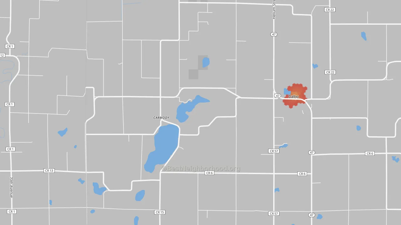 Walk Grade map of Dalbo, MN, walkable areas in green and car-dependent areas in red