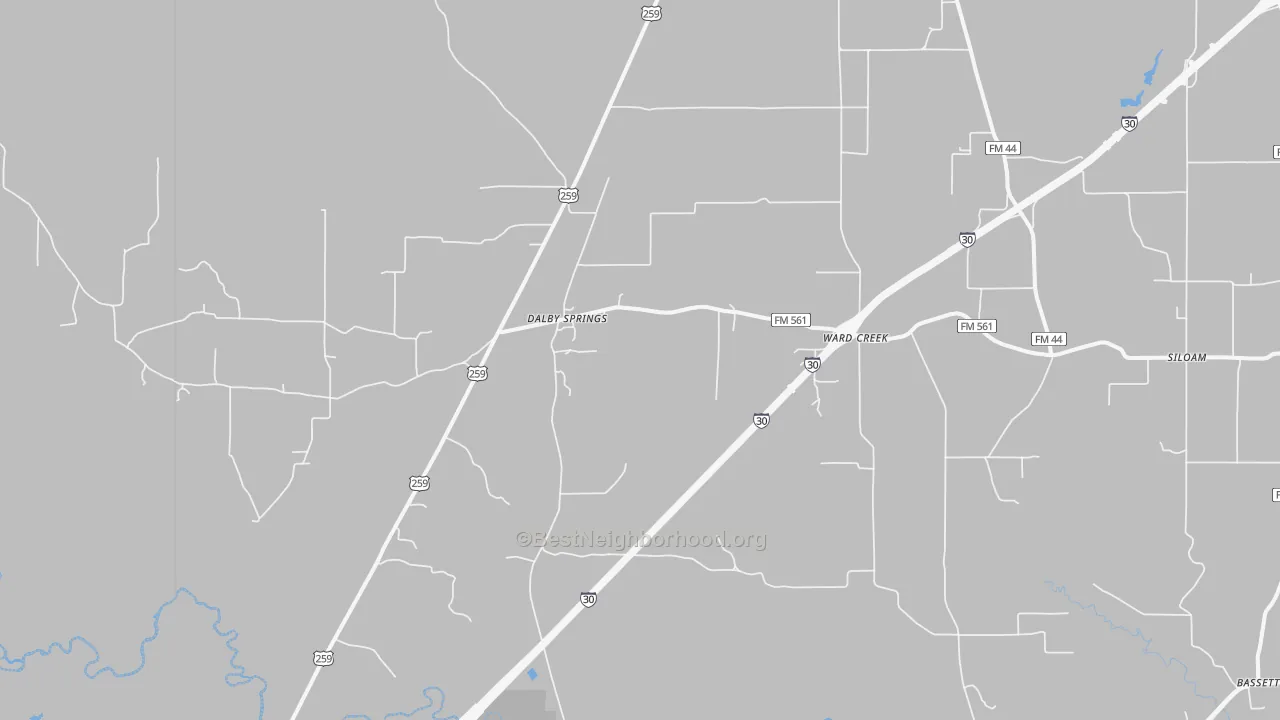 Walk Grade map of Dalby Springs, TX, walkable areas in green and car-dependent areas in red