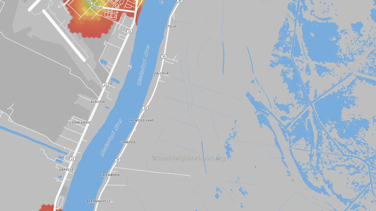 Walk Grade map of Dalcour, LA, walkable areas in green and car-dependent areas in red
