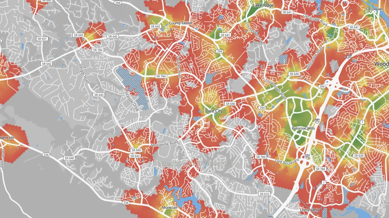Walk Grade map of Dale City, VA, walkable areas in green and car-dependent areas in red