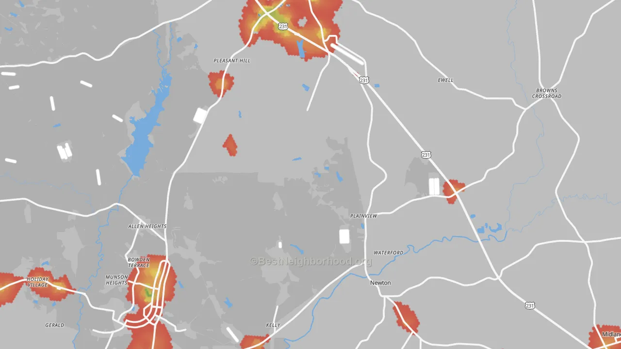 Walk Grade map of Dale County, AL, walkable areas in green and car-dependent areas in red