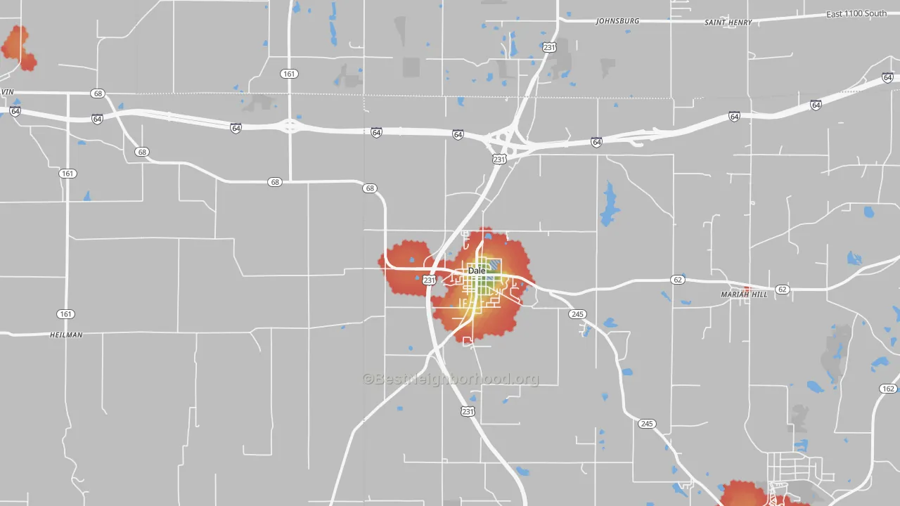 Walk Grade map of Dale, IN, walkable areas in green and car-dependent areas in red