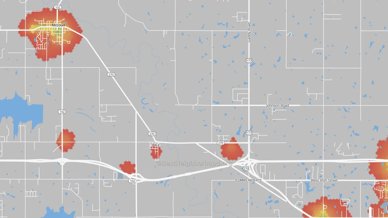 Walk Grade map of Dale, OK, walkable areas in green and car-dependent areas in red