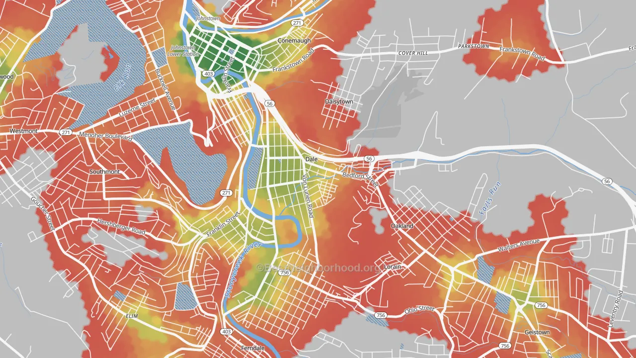 Walk Grade map of Dale, PA, walkable areas in green and car-dependent areas in red