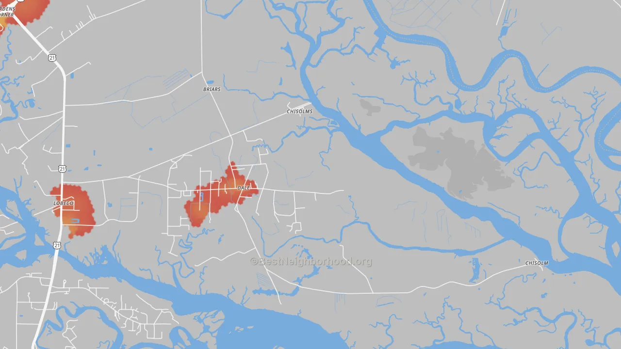 Walk Grade map of Dale, SC, walkable areas in green and car-dependent areas in red