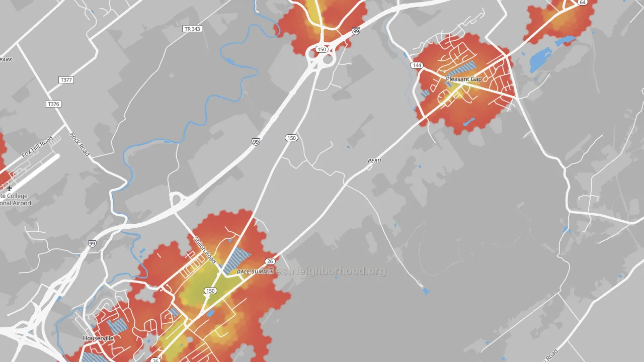 Walk Grade map of Dale Summit, PA, walkable areas in green and car-dependent areas in red