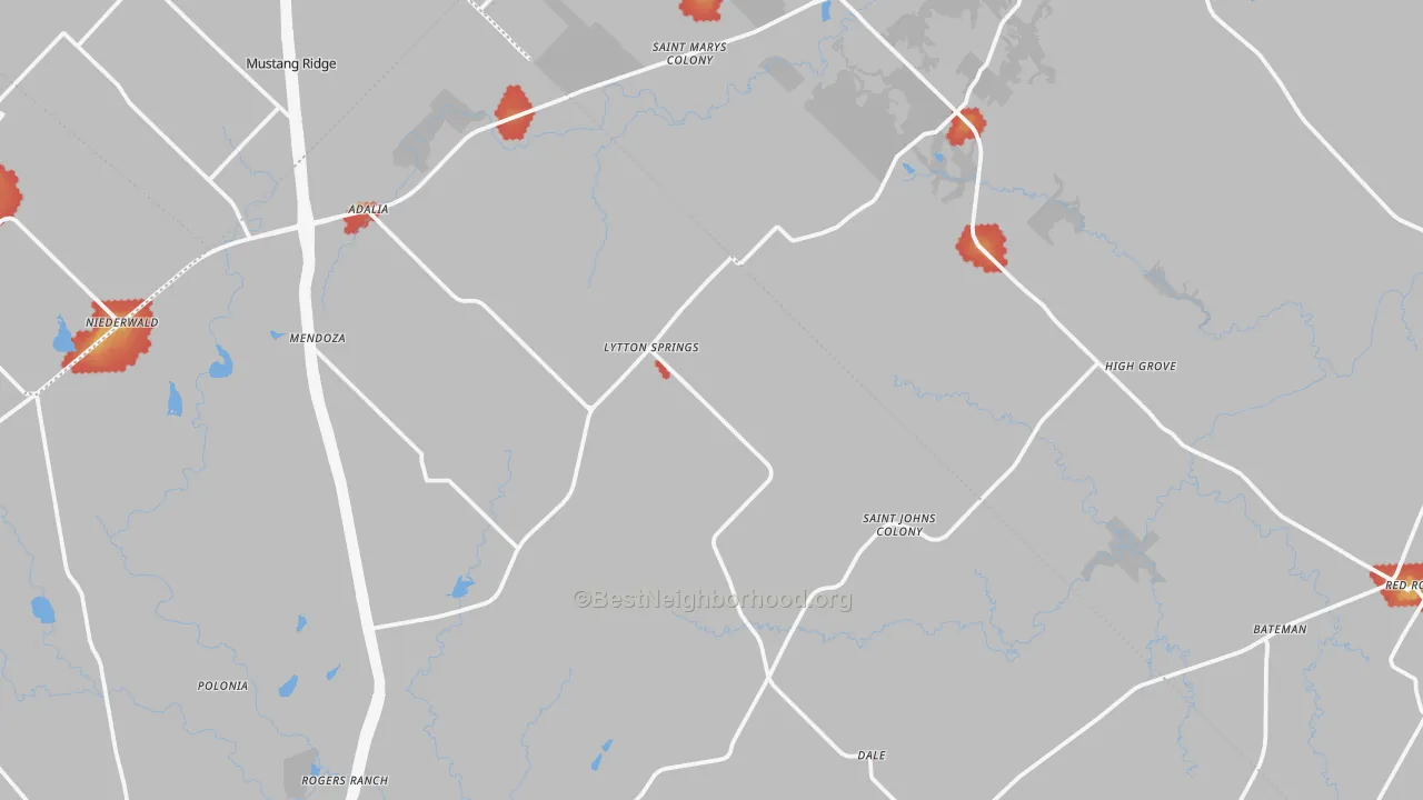 Walk Grade map of Dale, TX, walkable areas in green and car-dependent areas in red