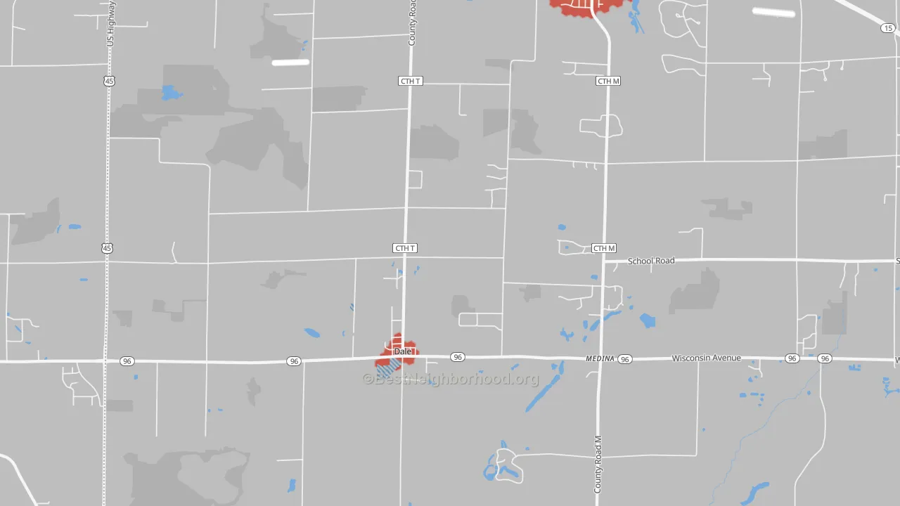 Walk Grade map of Dale, WI, walkable areas in green and car-dependent areas in red