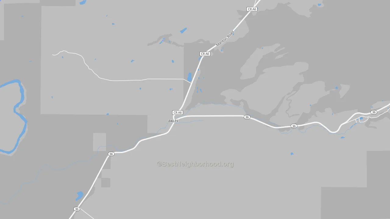 Walk Grade map of Dales, CA, walkable areas in green and car-dependent areas in red