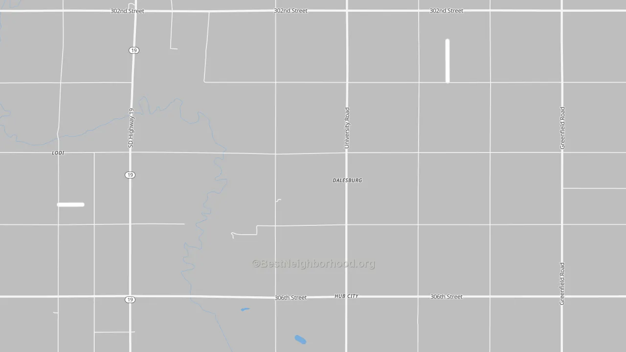 Walk Grade map of Dalesburg, SD, walkable areas in green and car-dependent areas in red